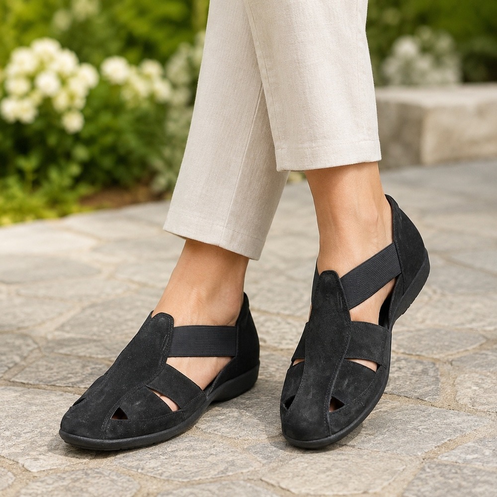 Easy Spirit Anti-Gravity Black Suede Fisherman Flats Elastic Straps Womens 9M